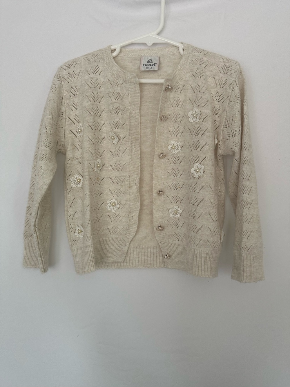 COOGI Cream Openwork Cardigan with Floral Appliqués